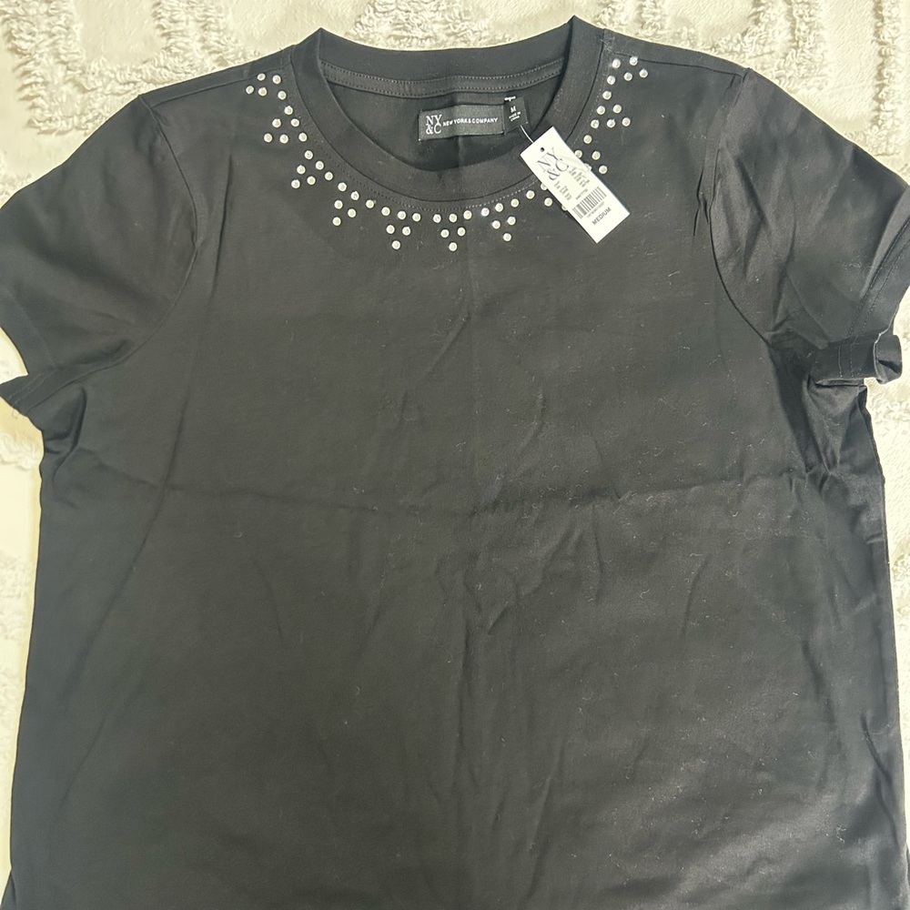 New York & Company Black Studded Short Sleeve Tee